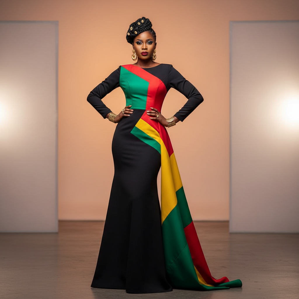 Black Geo Color-block Dress - A striking black dress with vibrant geometric color-blocks in greens, reds, and