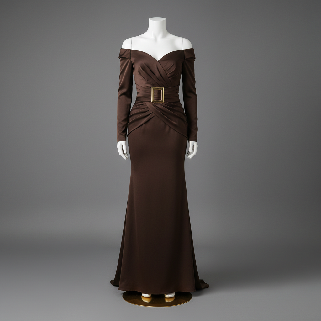 The Chocolate Brown Off-Shoulder Mermaid - An elegant dark chocolate brown off-shoulder long-sleeve mermaid gown with a stu