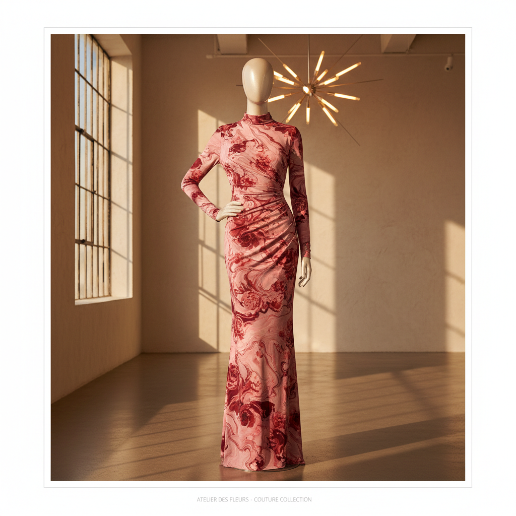 The Rose Bloom Turtleneck Midi - A form-hugging long-sleeve turtleneck midi dress in a vivid pink and white rose