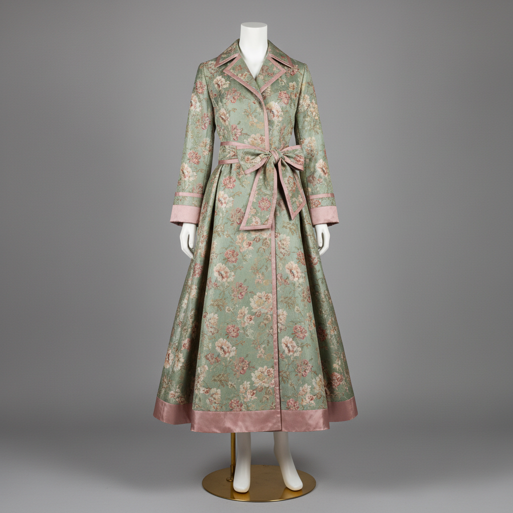 The Sage & Pink Brocade Coat Gown - An exquisite sage green and pink brocade floral full-length coat dress with a po