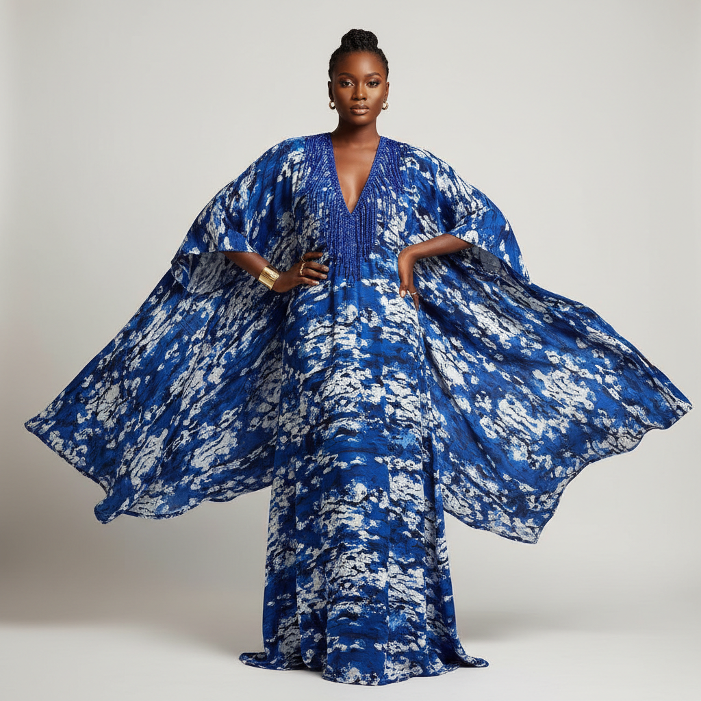 The Royal Blue Adire Abstract Kaftan - A striking royal blue and white abstract batik print kaftan with blue beaded fri