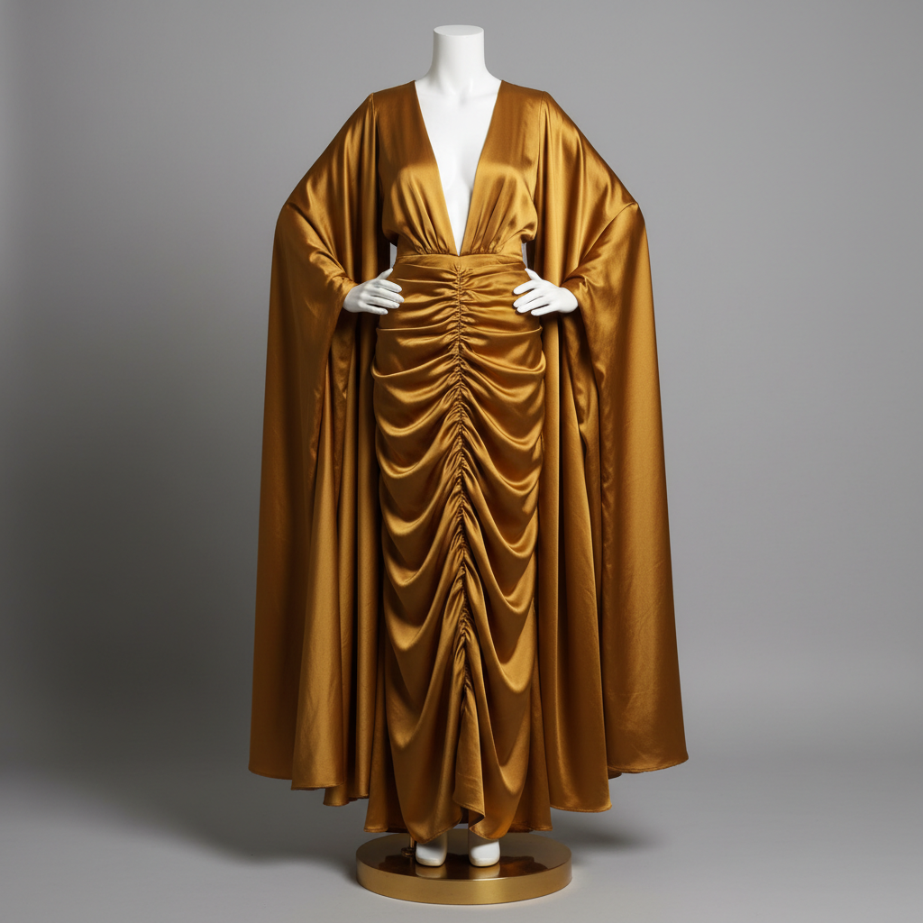 The Gold Satin Ruched Kaftan Gown - A spectacular gold/mustard satin dramatic kaftan gown with a deep V-neckline, ba