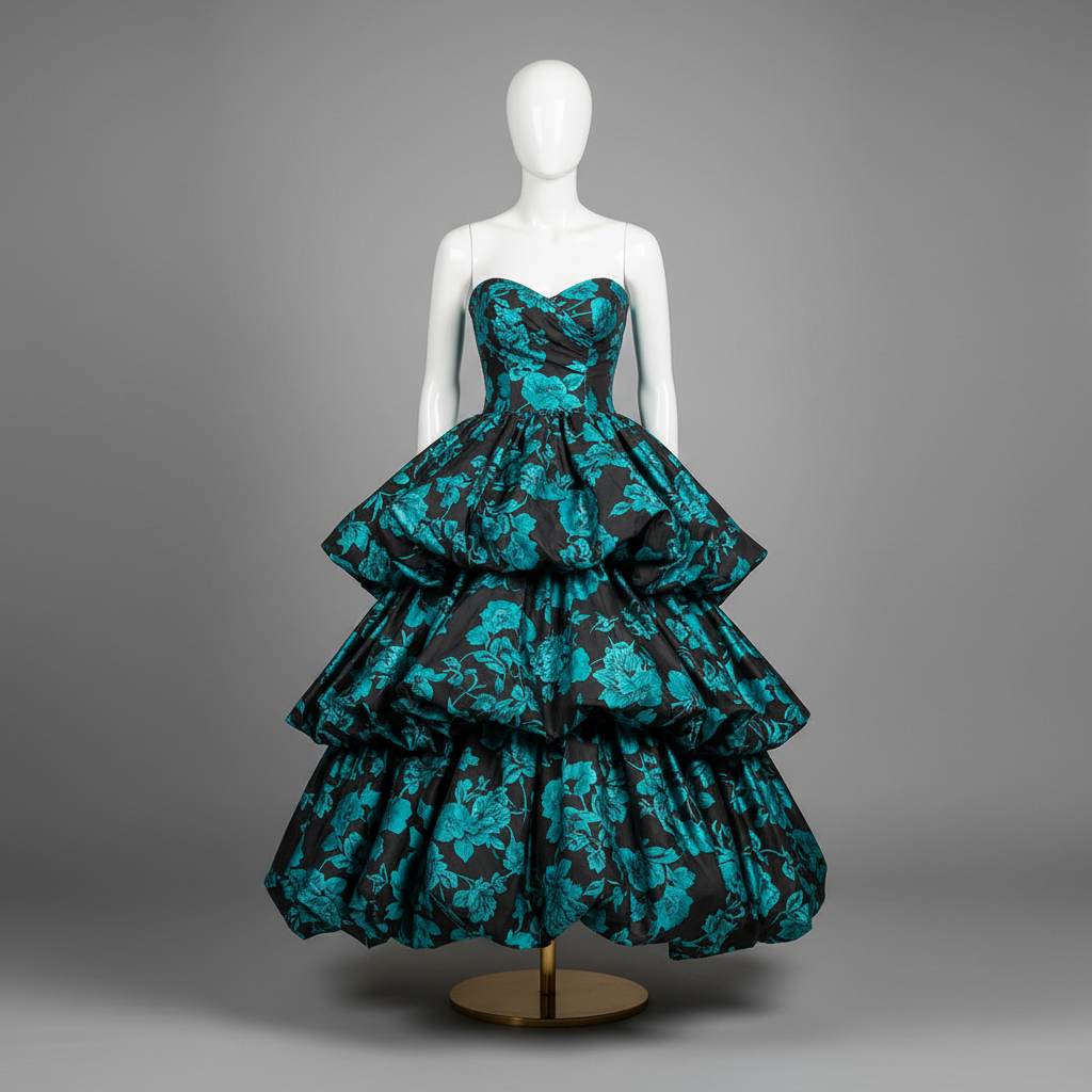 The Teal Floral Ball Gown - A show-stopping strapless ball gown in bold teal and black tropical floral print