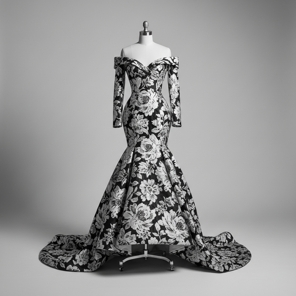 The Floral Print Mermaid Gown - A stunning structured off-shoulder gown featuring an intricate black and white f
