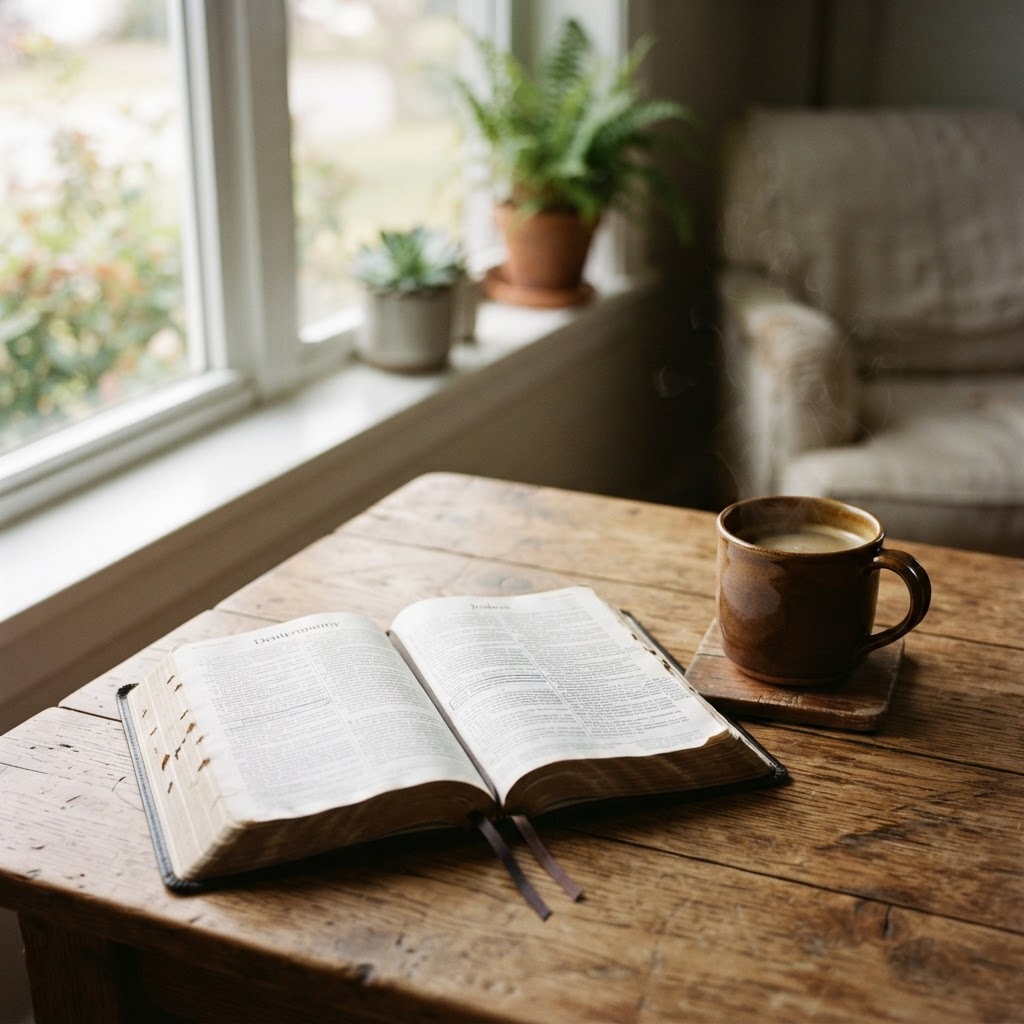 An open Bible in warm light