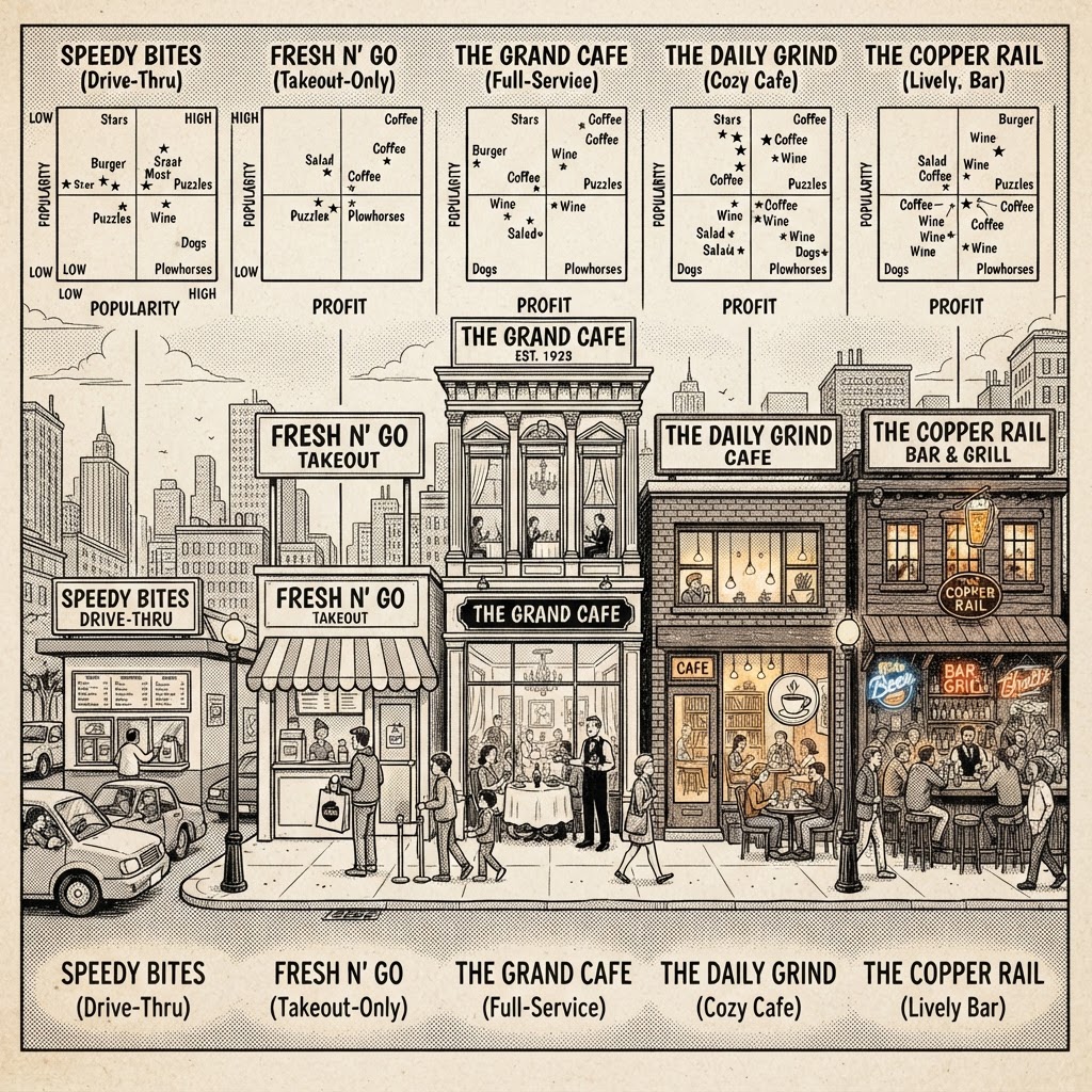 Five restaurant types with menu matrices, newspaper cartoon