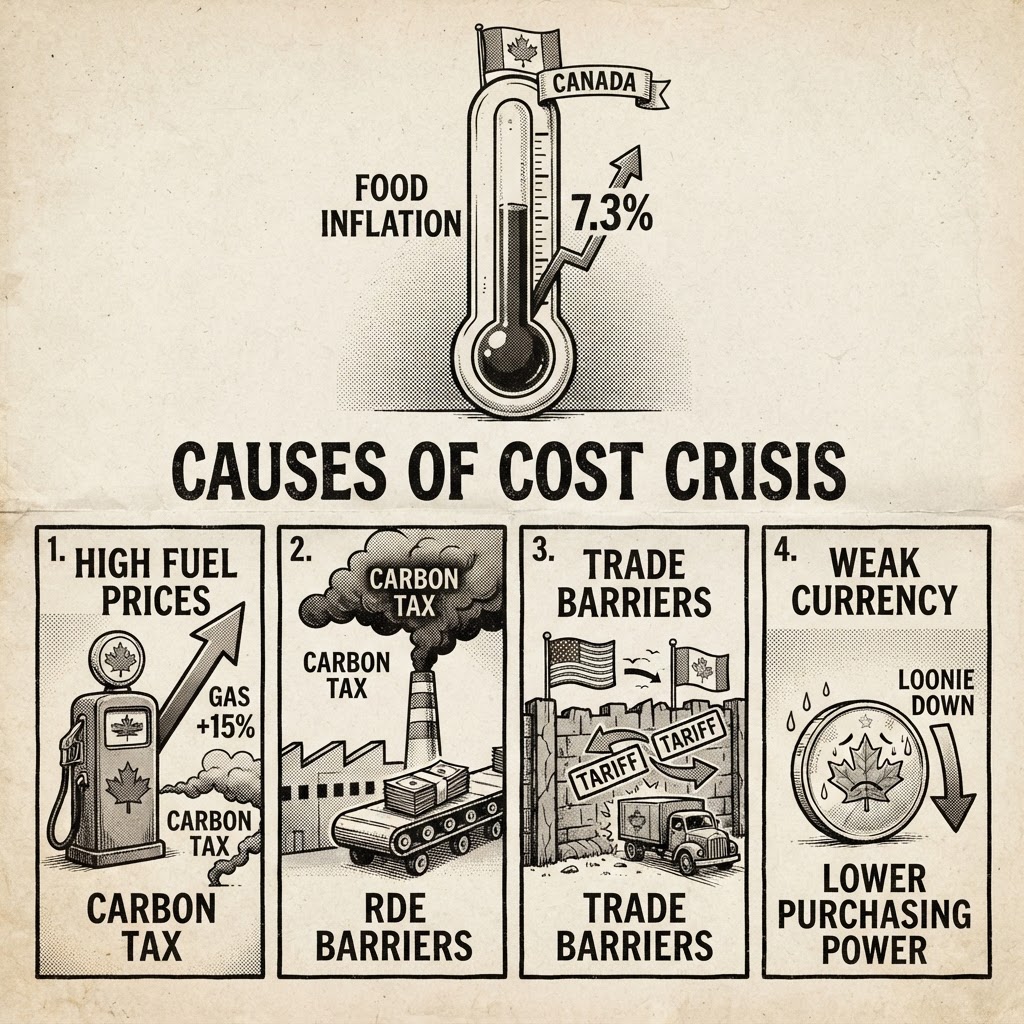 Infographic showing food inflation causes: fuel, carbon tax, tariffs, weak dollar