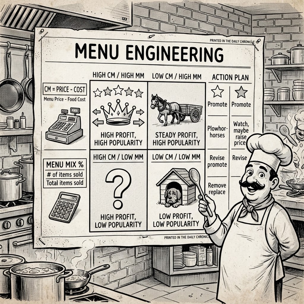 Menu engineering cheat sheet matrix, newspaper cartoon