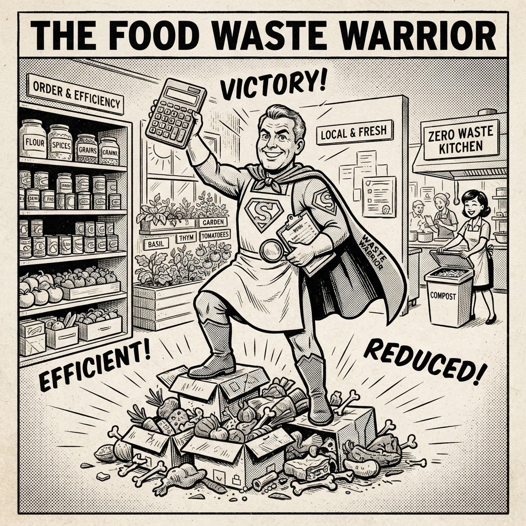Restaurant owner as superhero fighting food costs, newspaper cartoon style