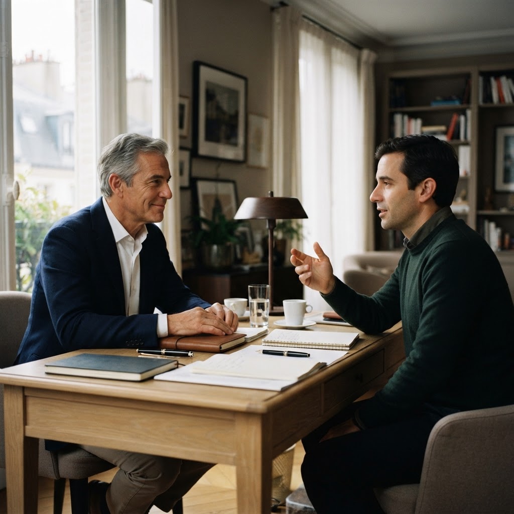 Un entrepreneur en échange confidentiel avec un conseiller Rebond Entreprendre
