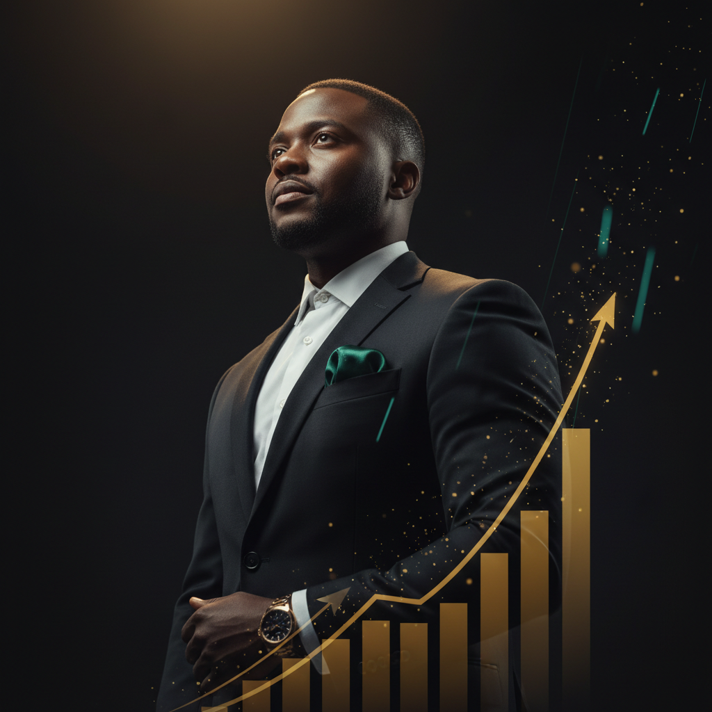 Confident entrepreneur with rising financial charts
