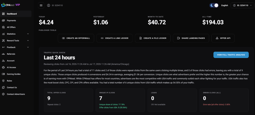 Real CPAlead dashboard earnings proof — verified publisher account results