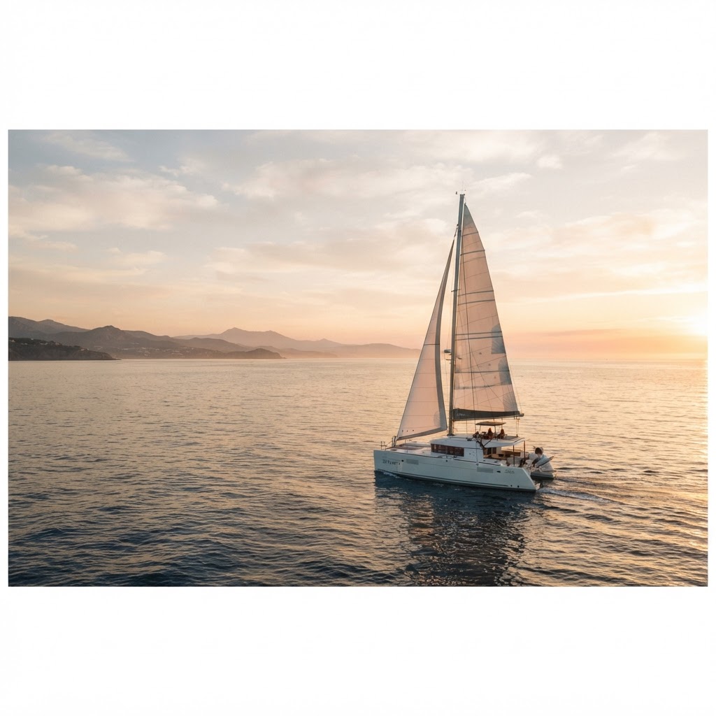 Sailboat on open ocean at golden hour