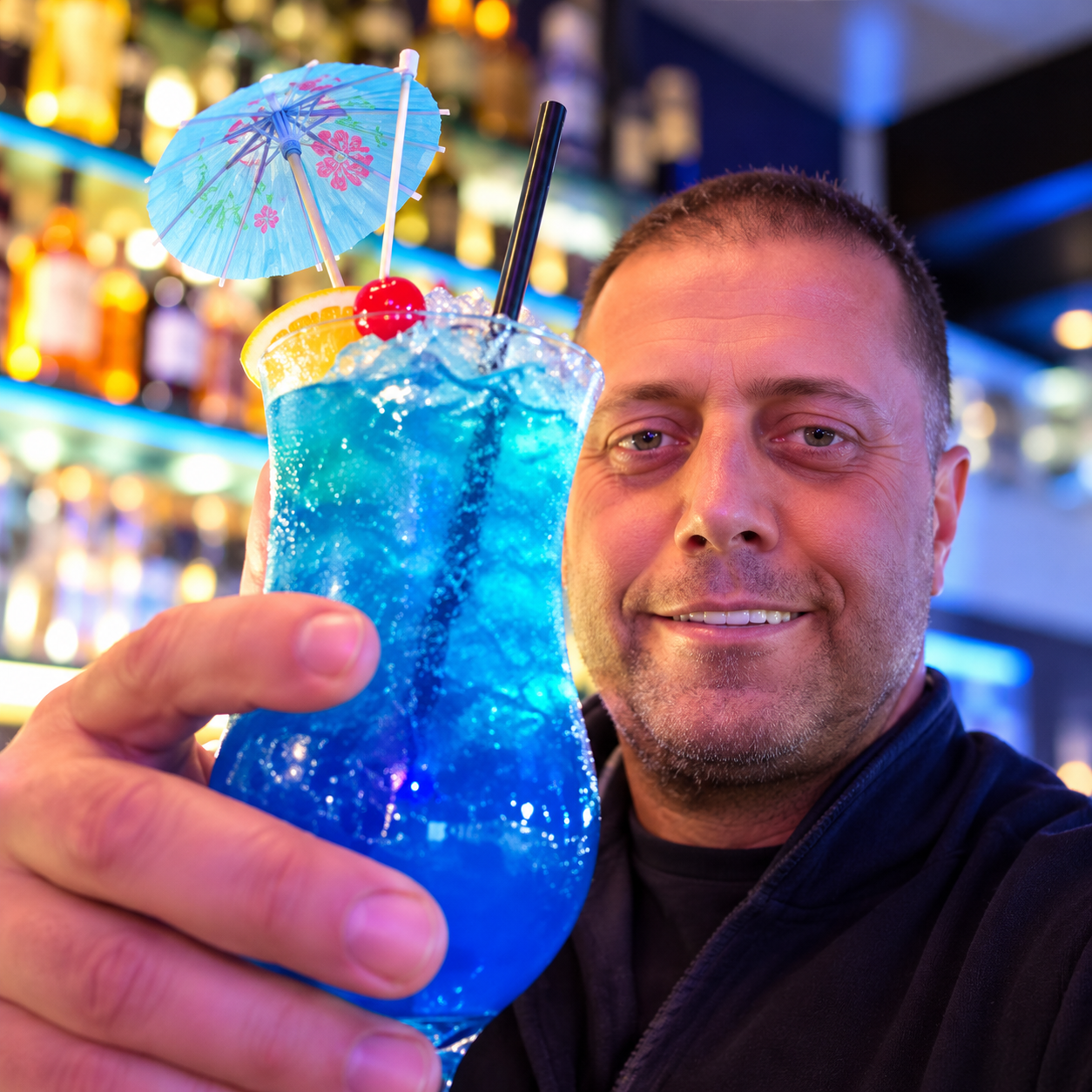 Guest enjoying a bright blue cocktail at The Posh bar