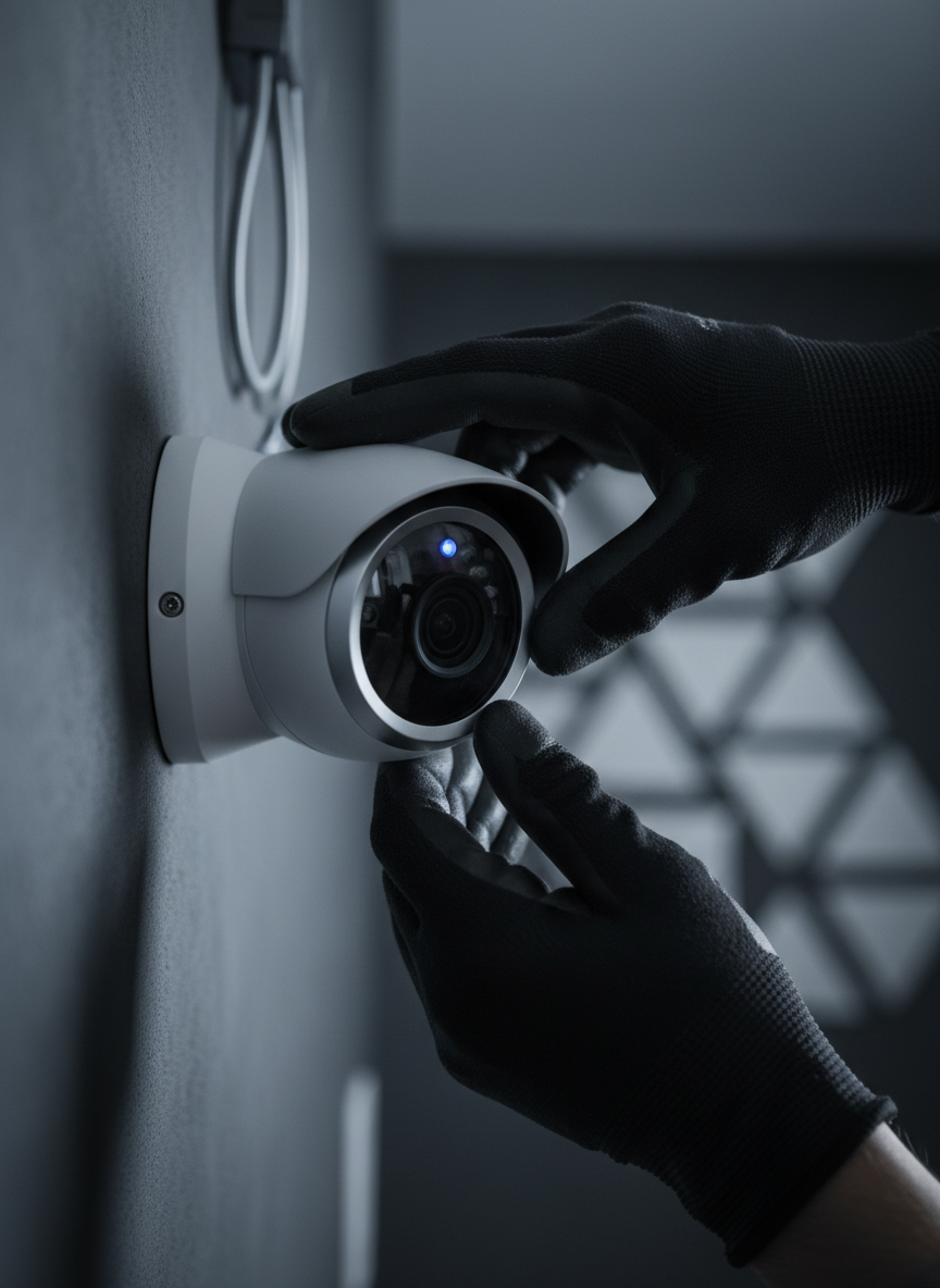 Professional technician installing a security camera