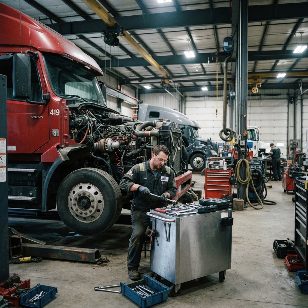 Heavy-duty truck and coach technician servicing a fleet vehicle in a maintenance shop