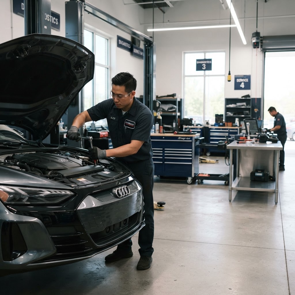 Automotive technician focused on work inside a professional Canadian service shop