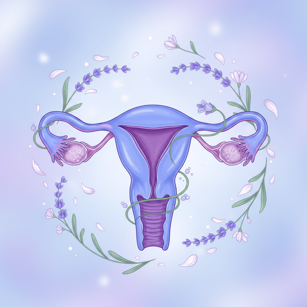 Medical illustration of uterus with floral elements