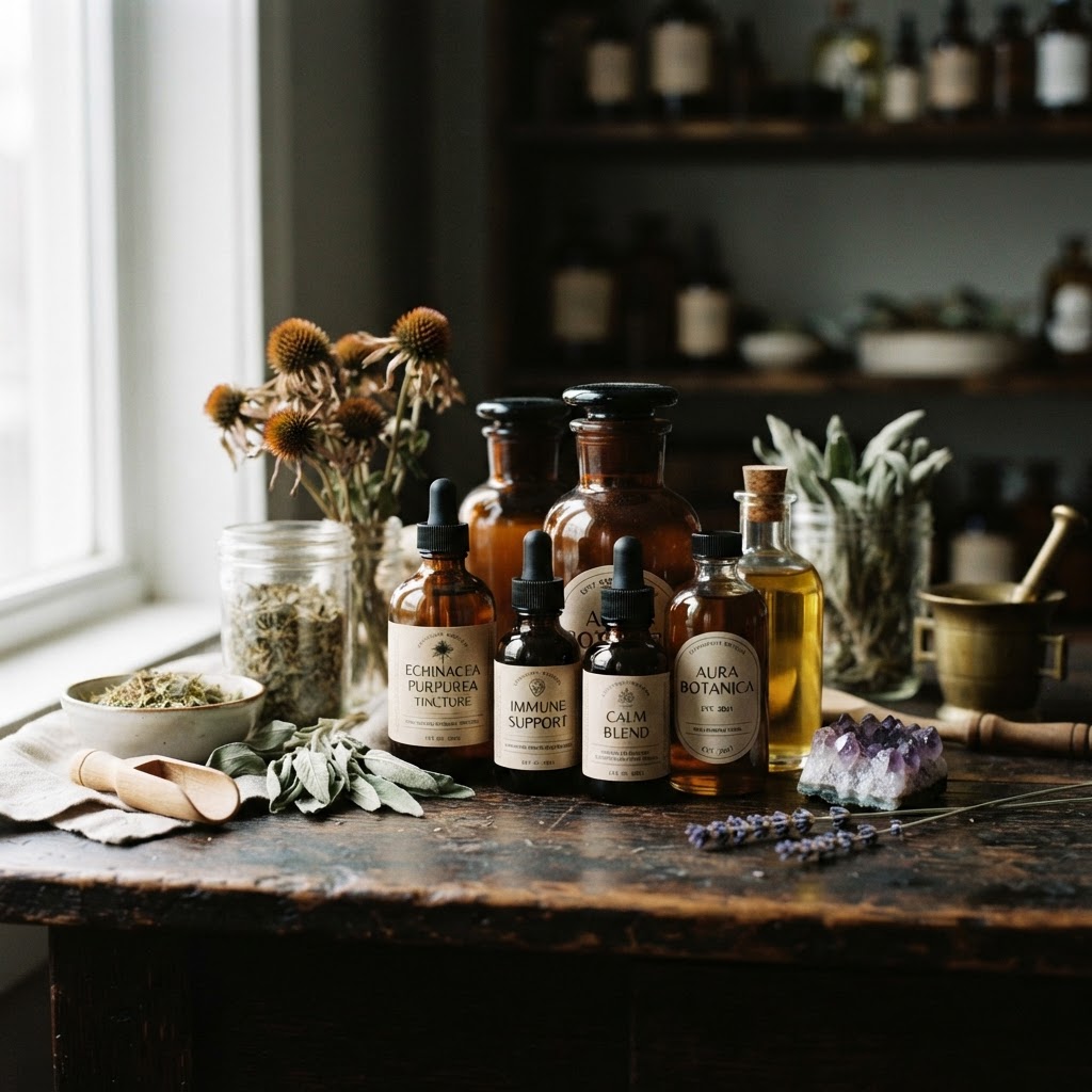 Apothecary of amber glass bottles, dried herbs, and echinacea with a single amethyst crystal accent