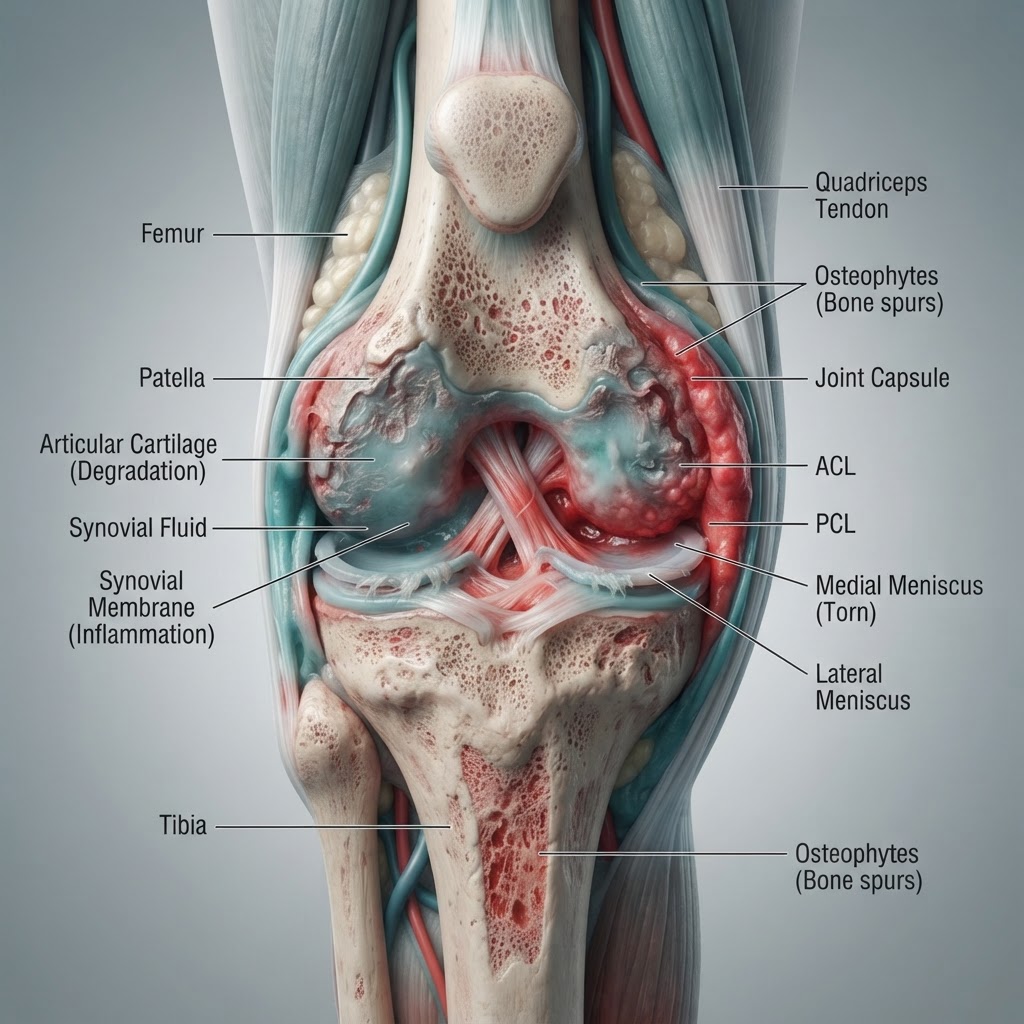 Anatomical illustration of an inflamed joint and connective tissue