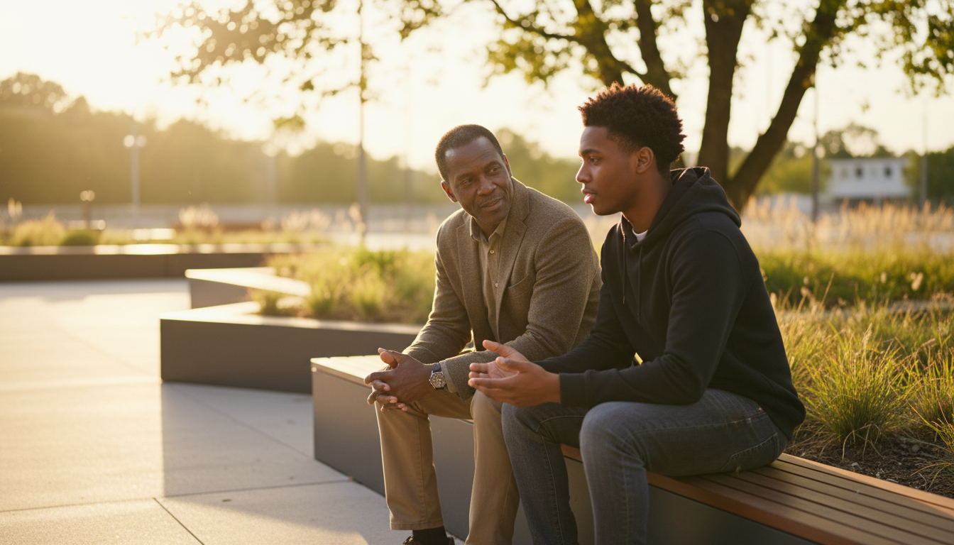 A mentor and young man engaged in meaningful conversation