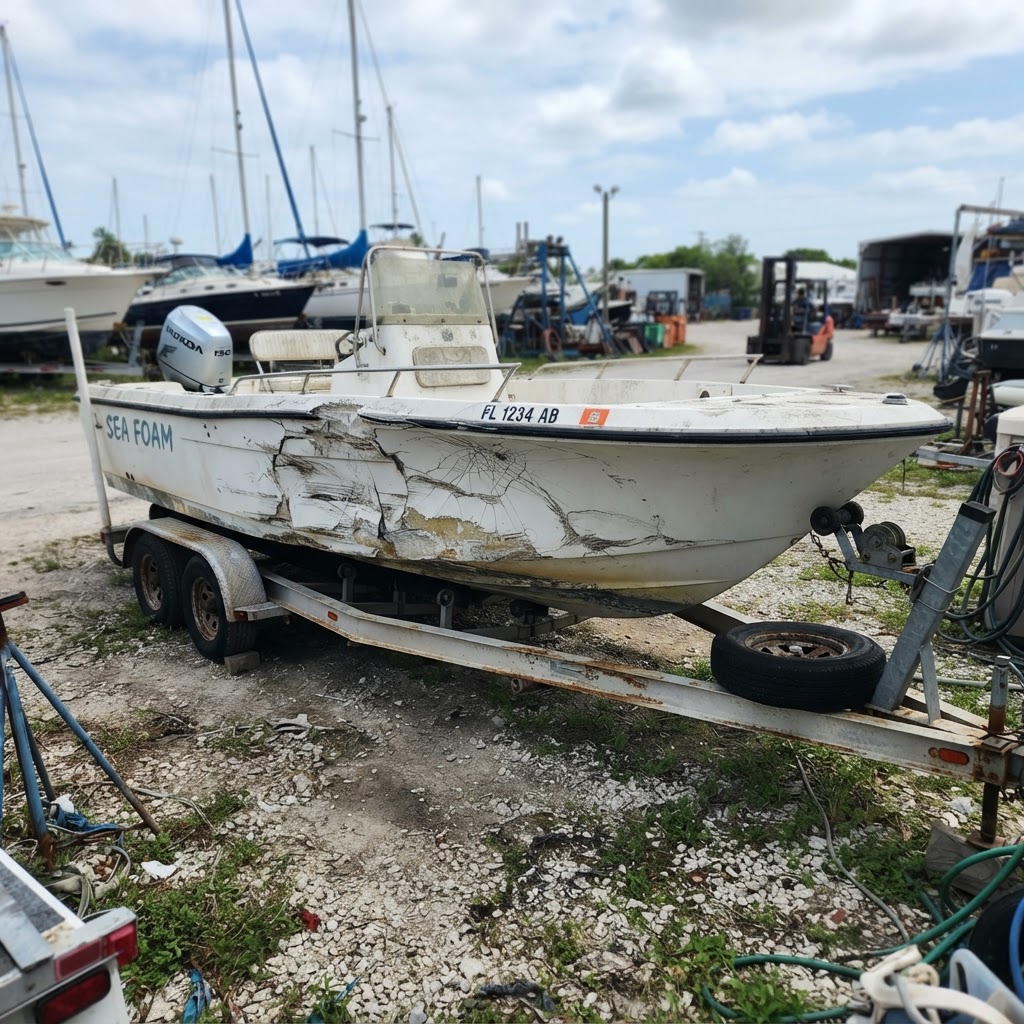 Bateau à moteur — Coque endommagée, pour pièces