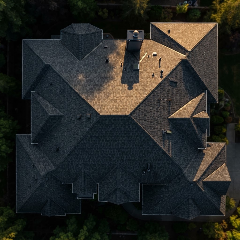 Aerial view of a complex residential roof with distinct ridges, hips, and valleys