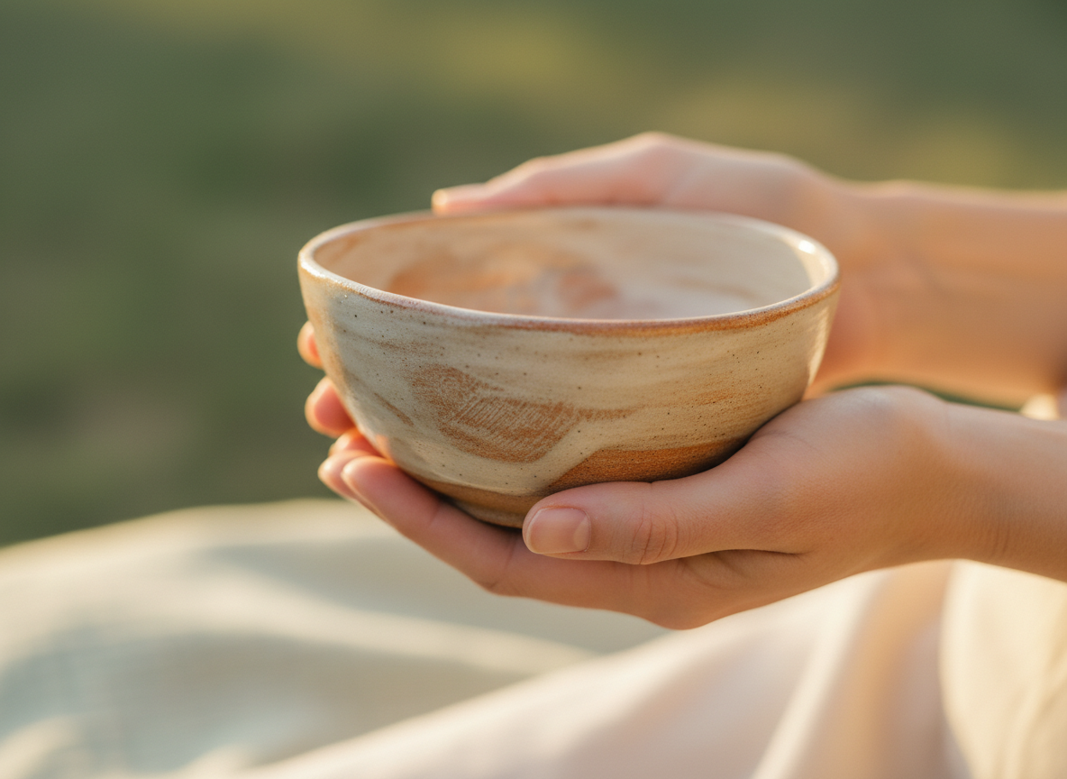 Two hands gently holding a ceramic bowl in warm light, representing care and connection