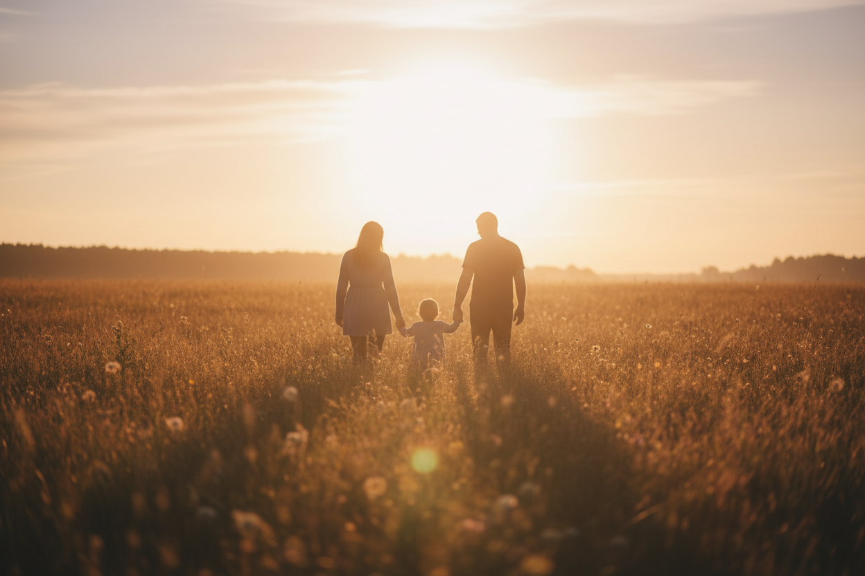 Family silhouette walking through a meadow at golden hour