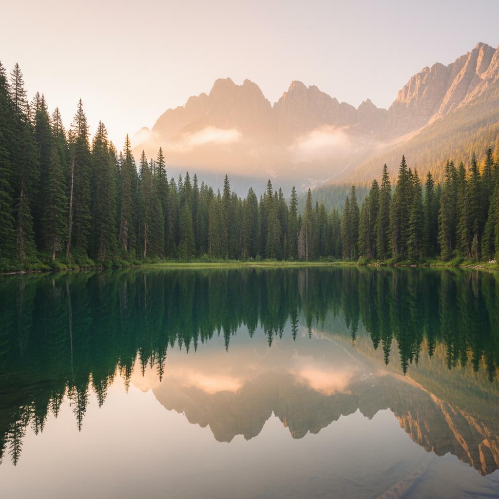 Serene mountain lake reflecting surrounding pine forest at golden hour