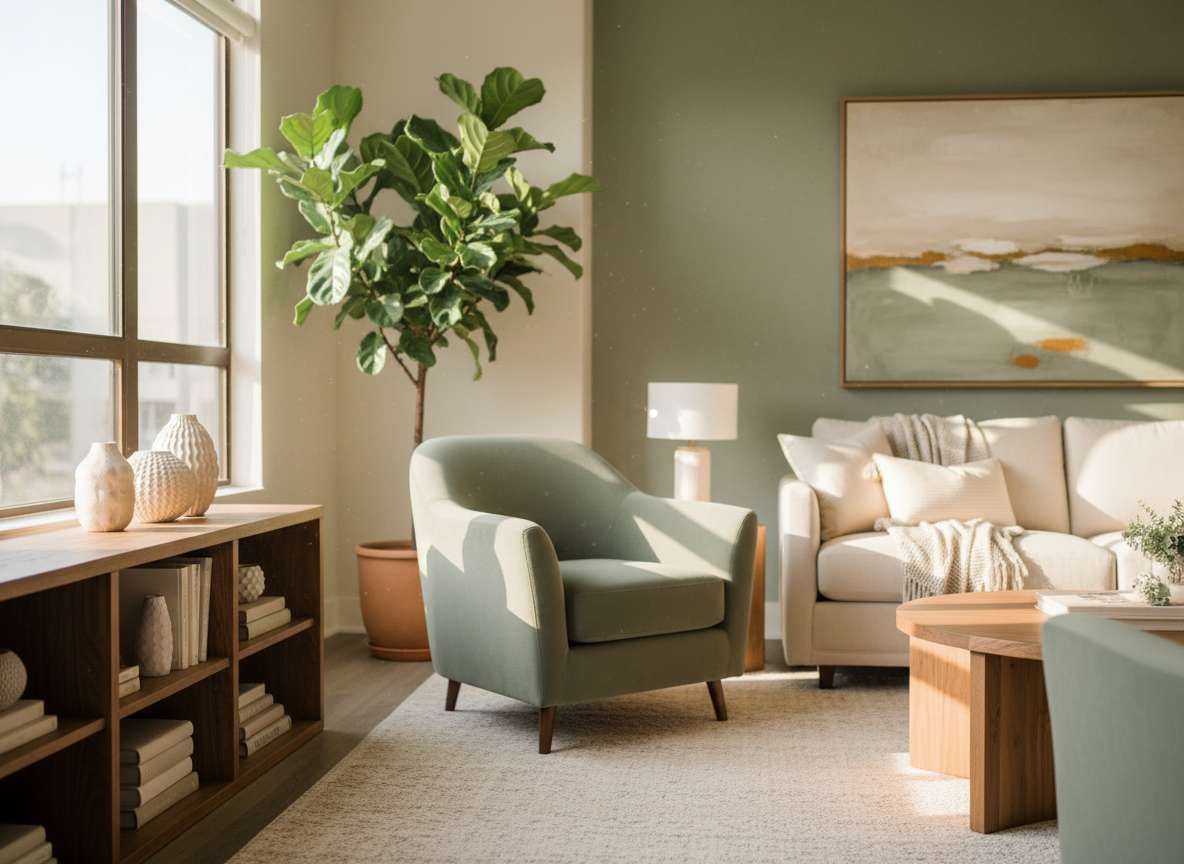 Warm, inviting therapy office with natural light
