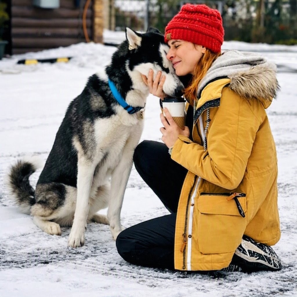 Susan Bishop with her Siberian Husky in the snow, portrait in Kingsport Tennessee