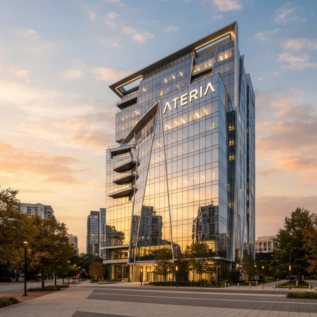 Edificio de oficinas de cristal y acero al atardecer