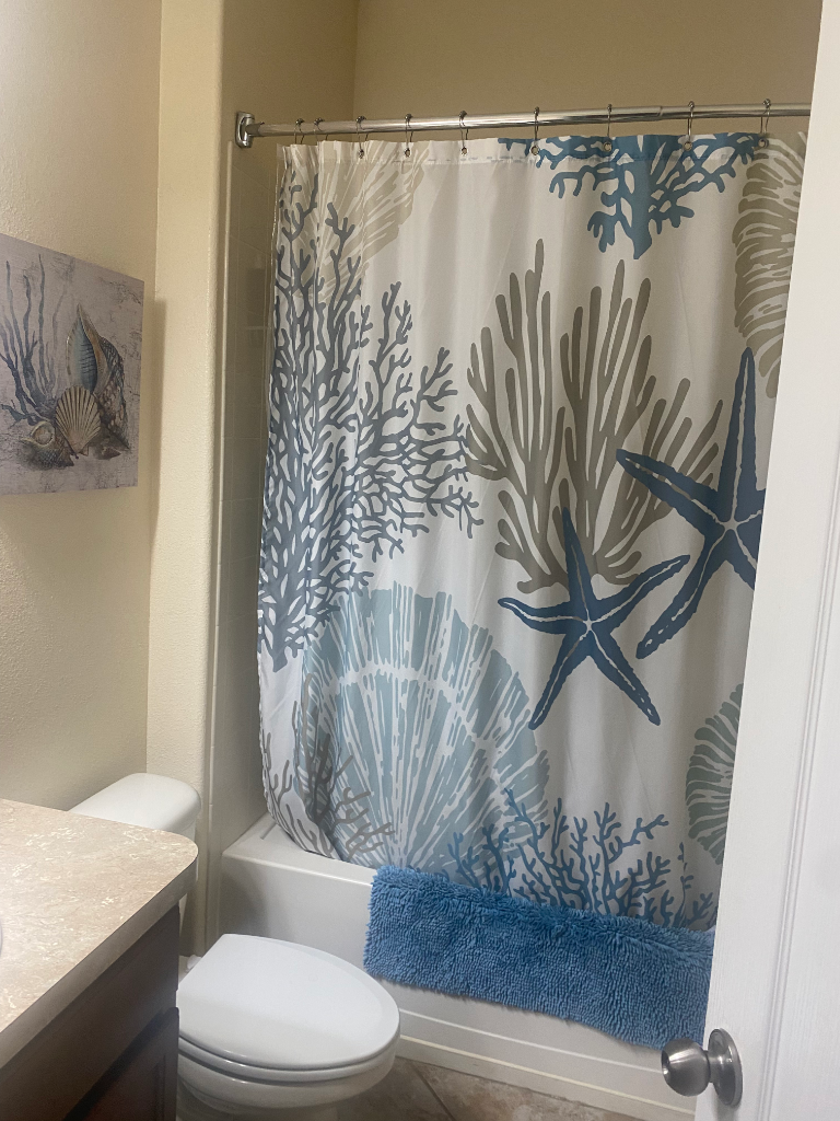 Bathroom shower with coastal starfish shower curtain and blue bath mat