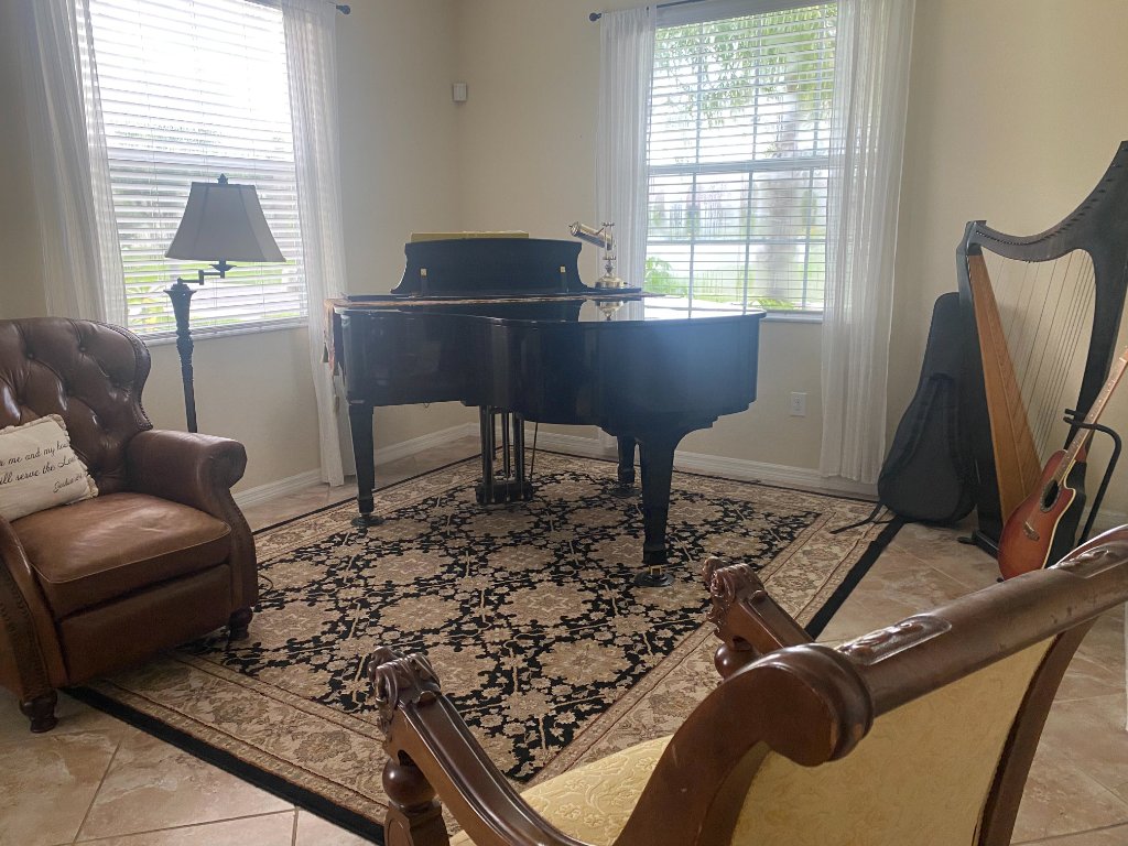 Music room featuring a black grand piano, harp, and guitar beneath windows with sheer curtains