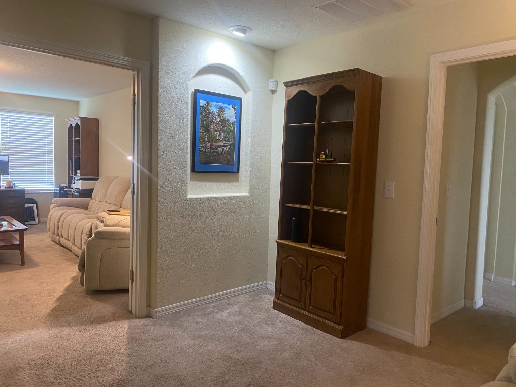 Interior hallway with arched doorways, dark wooden bookshelf, and a recessed niche holding a framed tropical print