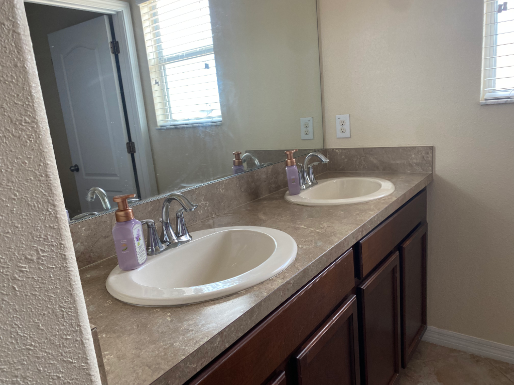 Double-sink bathroom vanity with dark wood cabinets and marble countertop