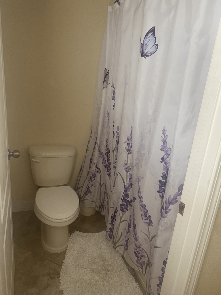 Bathroom with toilet, floral butterfly shower curtain, and white shag rug