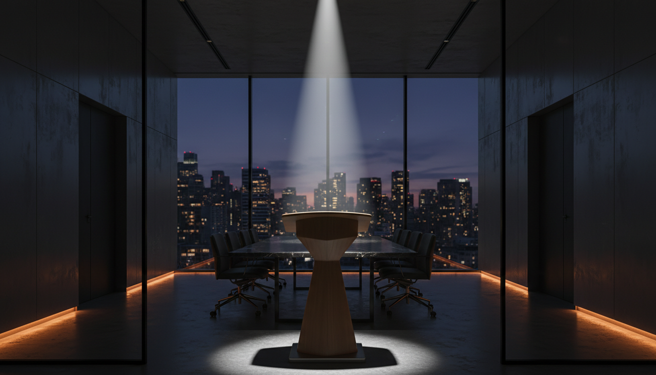 Executive boardroom overlooking a city at night
