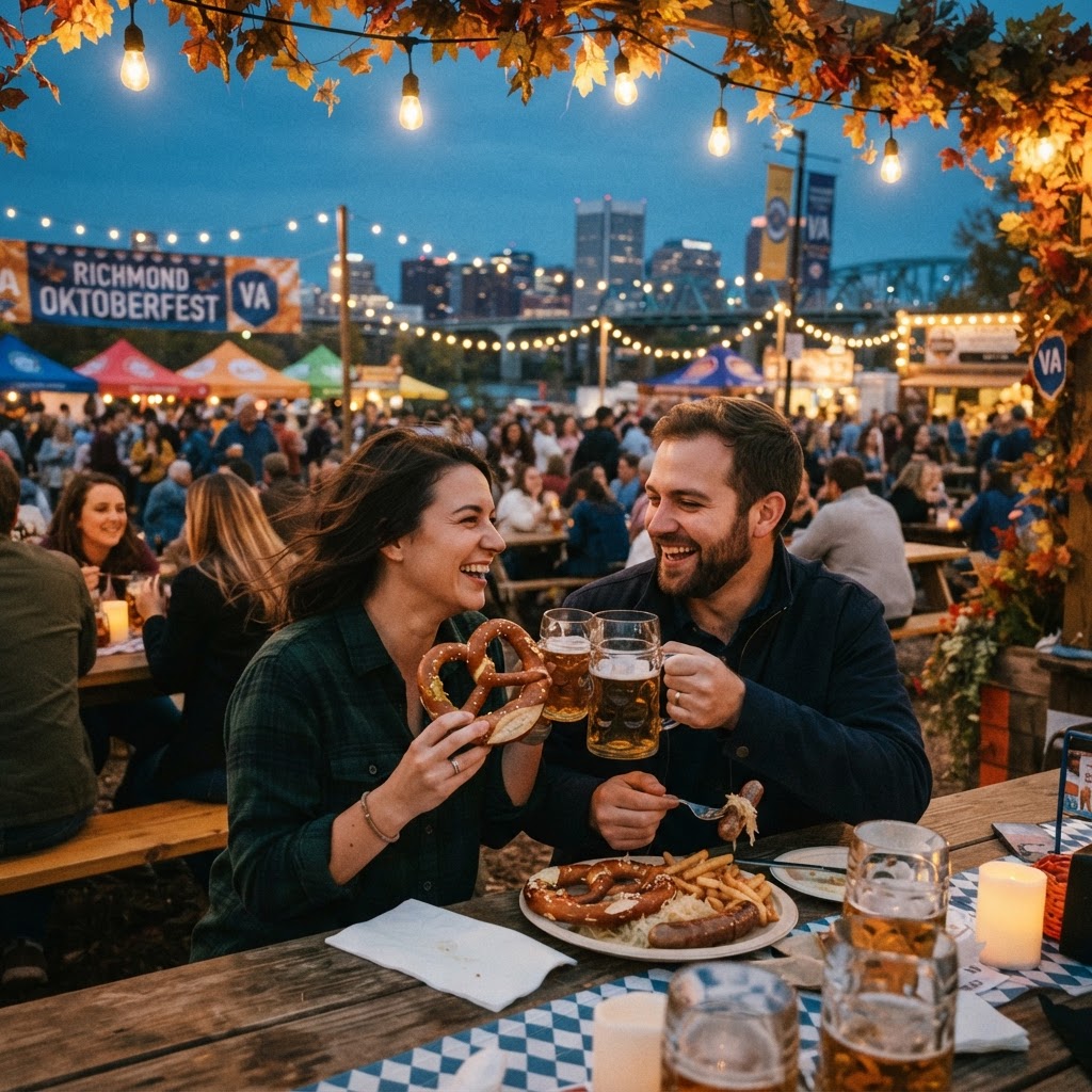 A couple sharing food at an outdoor Oktoberfest festival at dusk