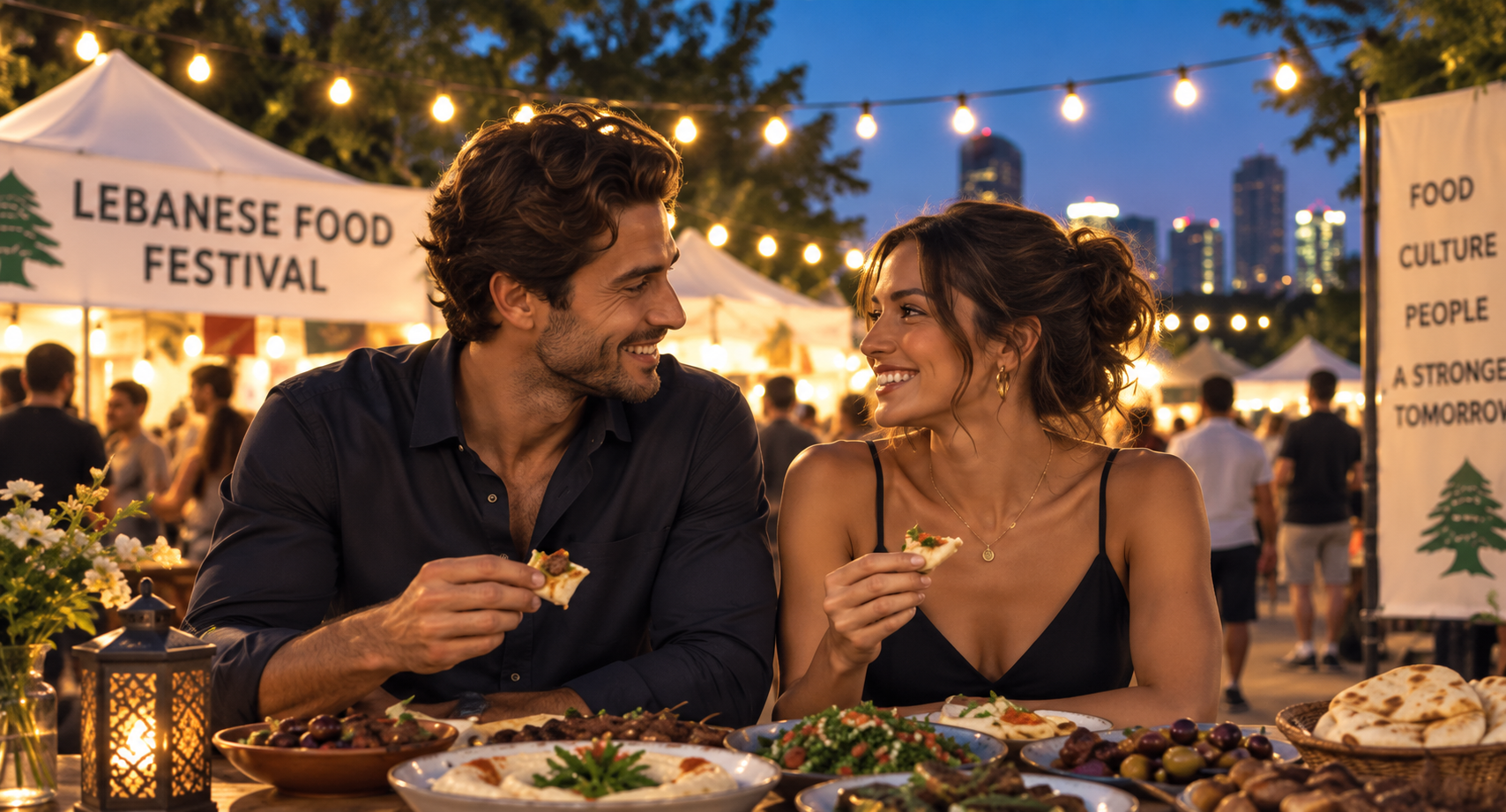 A couple sharing a mezze dinner at an outdoor Lebanese Food Festival at dusk