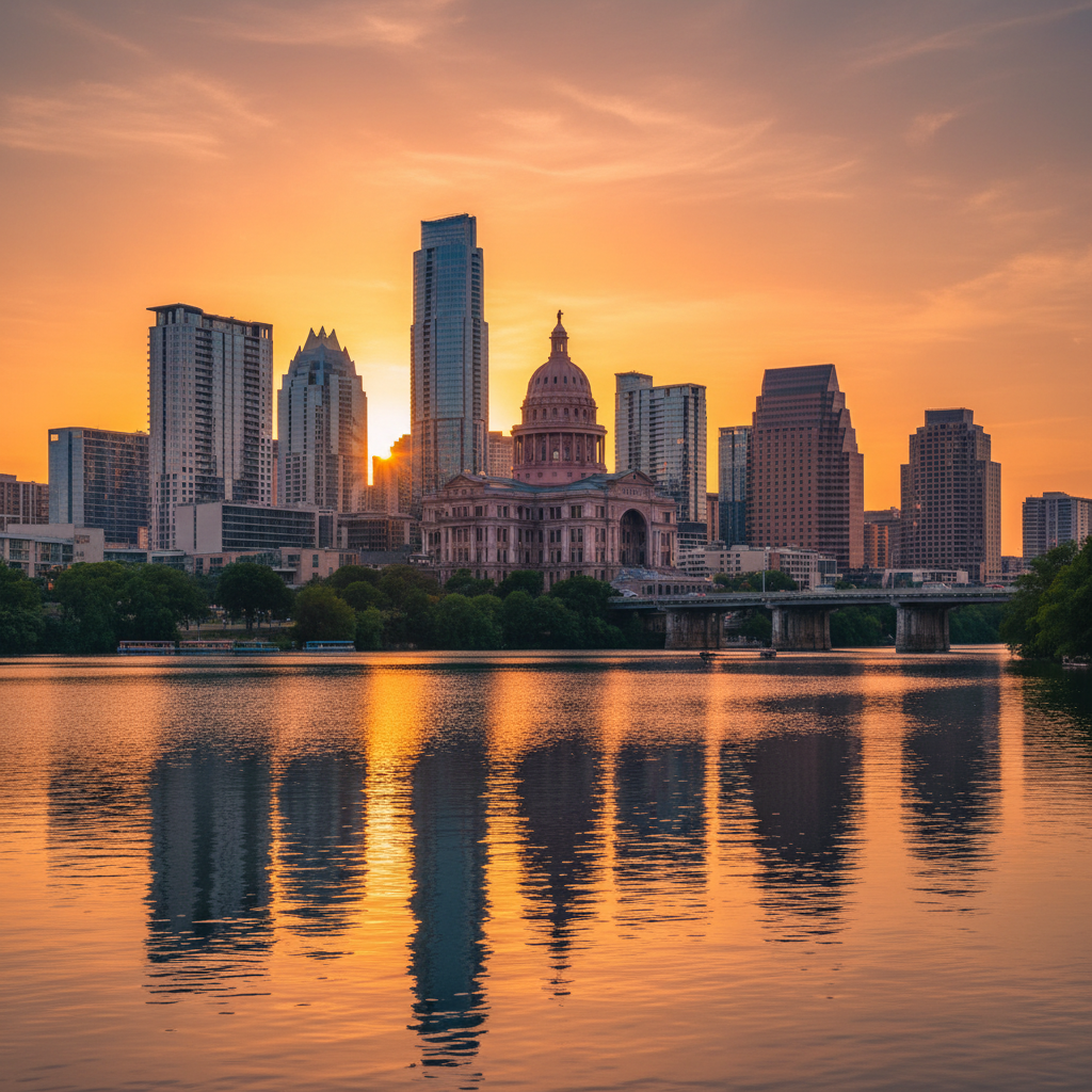Austin Texas skyline at sunset with State Capitol