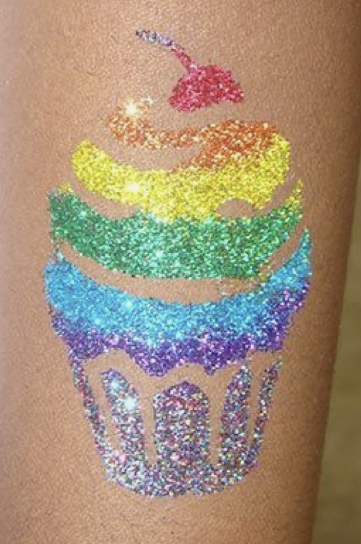 Rainbow cupcake glitter tattoo with a cherry
