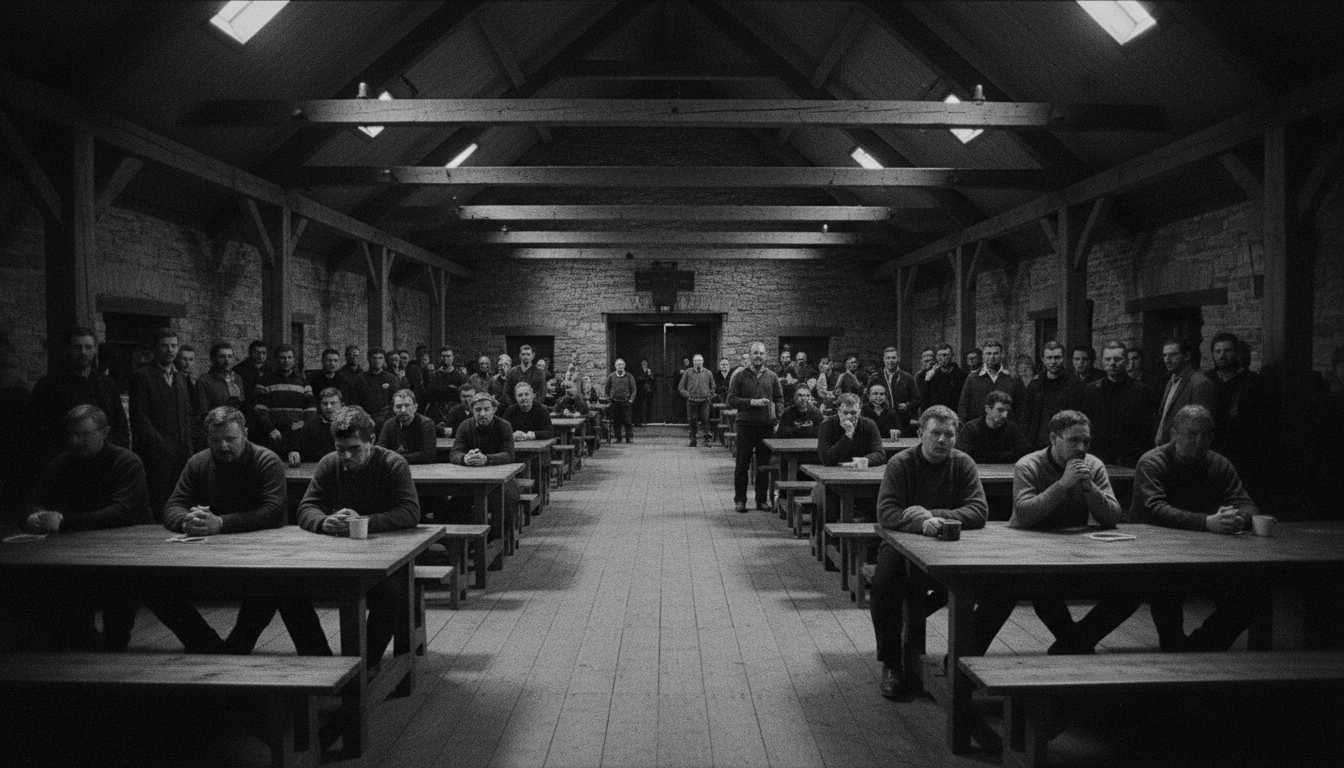 Men gathering in rustic lodge hall