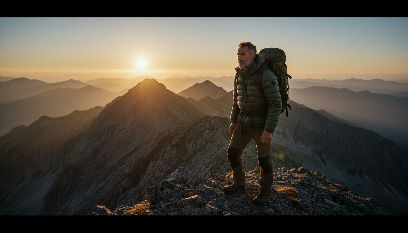 Man hiking on mountain ridge at sunrise