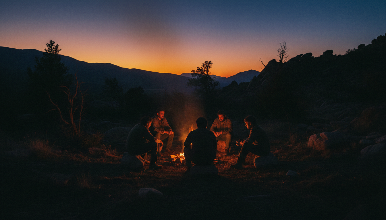 Men sitting around fire pit at dusk