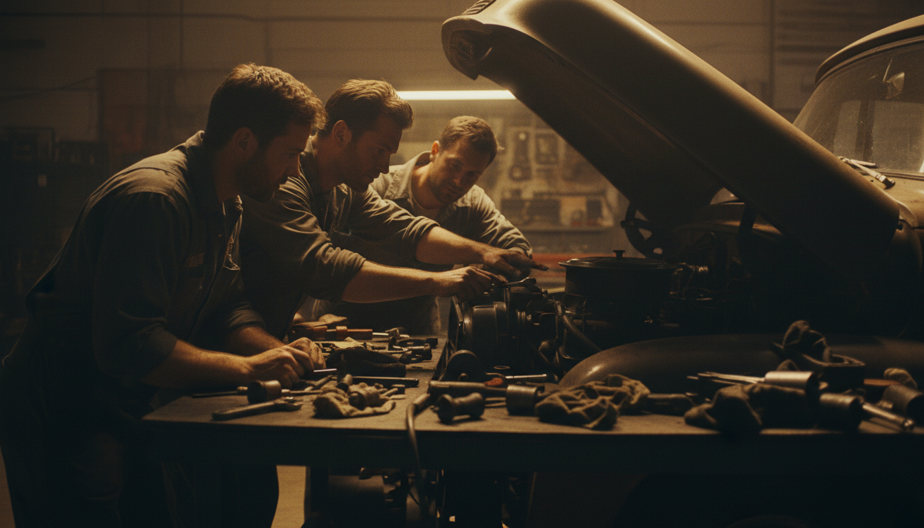 Three men working on truck engine in garage