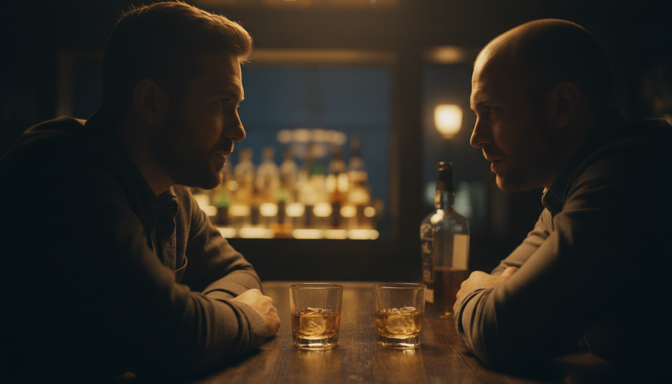 Two men in deep conversation at dimly lit bar