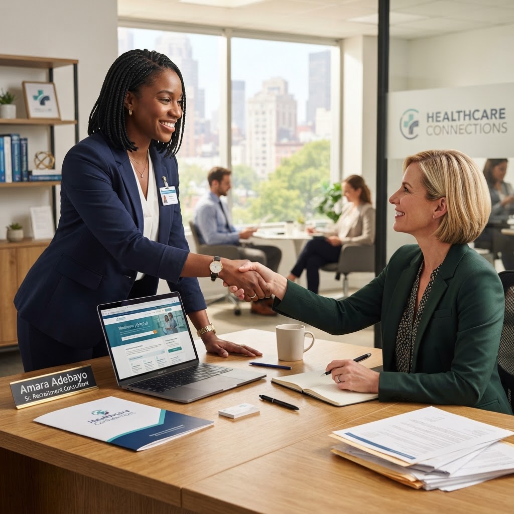 A recruitment consultant shaking hands with a client in an office