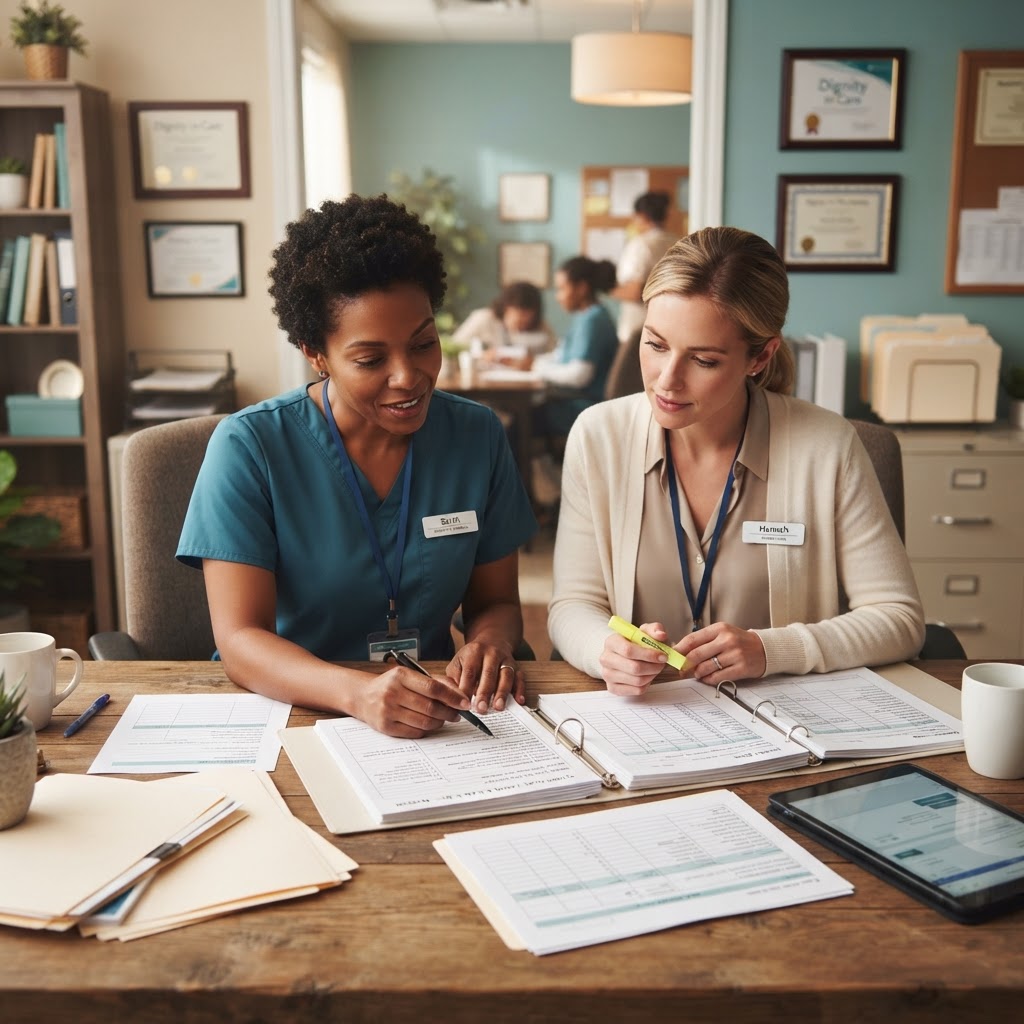 Two care professionals working through support plans together